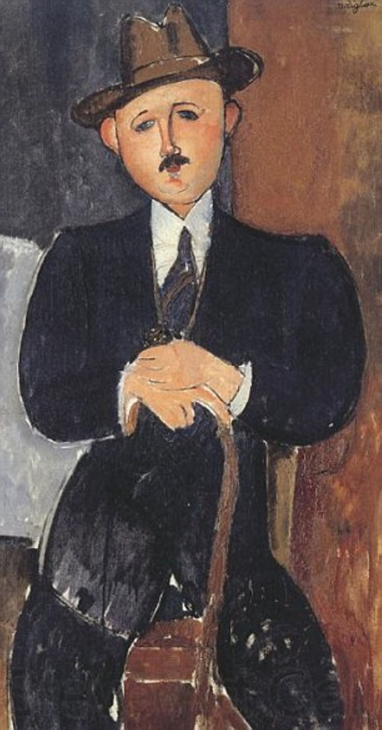 阿梅代奧．莫迪里亞尼（Amedeo Modigliani），《持手杖的坐著男子》（Seated Man with a Cane）。