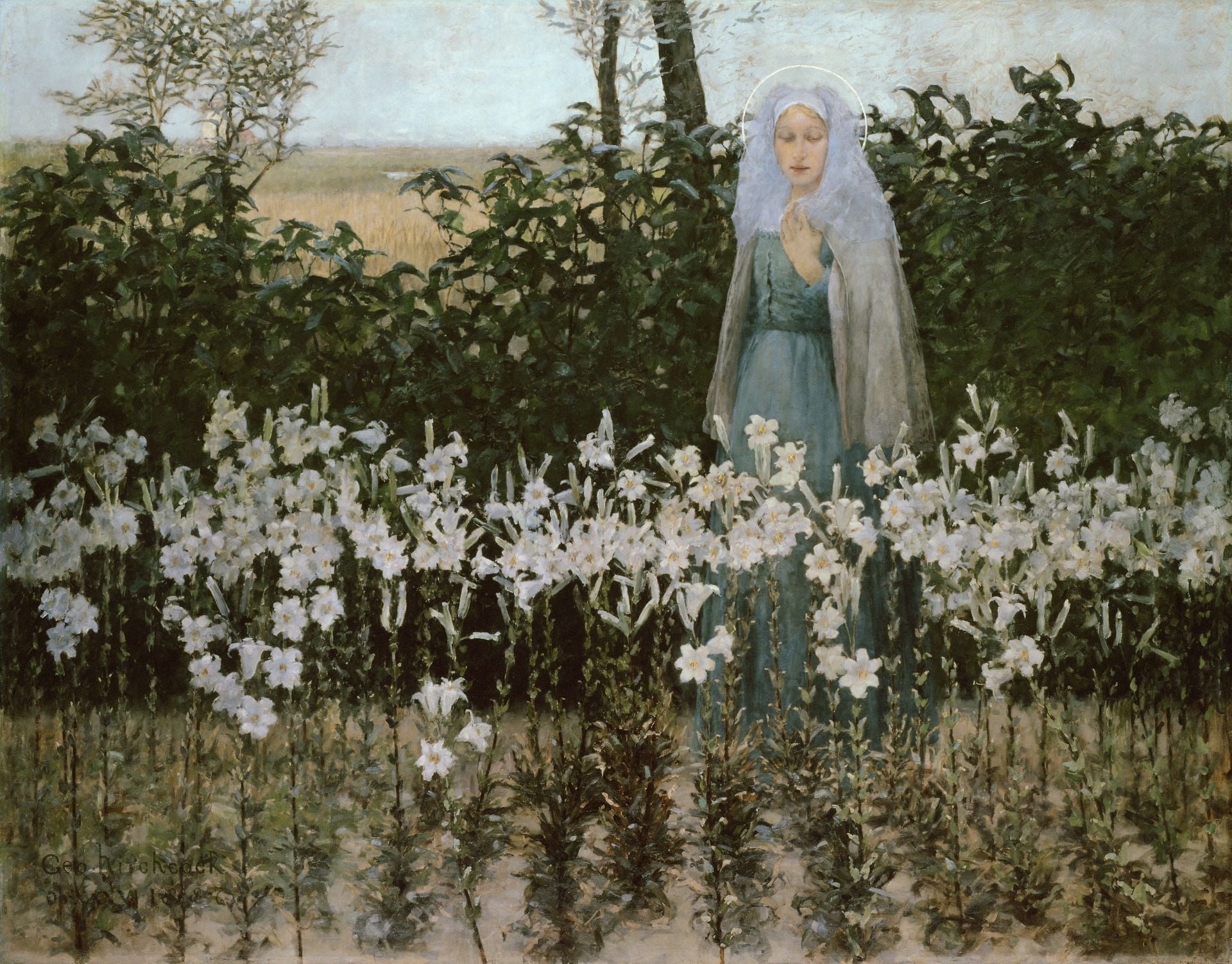 喬治・希區柯克《報喜》（The Annunciation），1887，油彩畫布，158.8×204.5公分，芝加哥藝術博物館（Art Institute of Chicago）藏。引自Wikimedia Commons