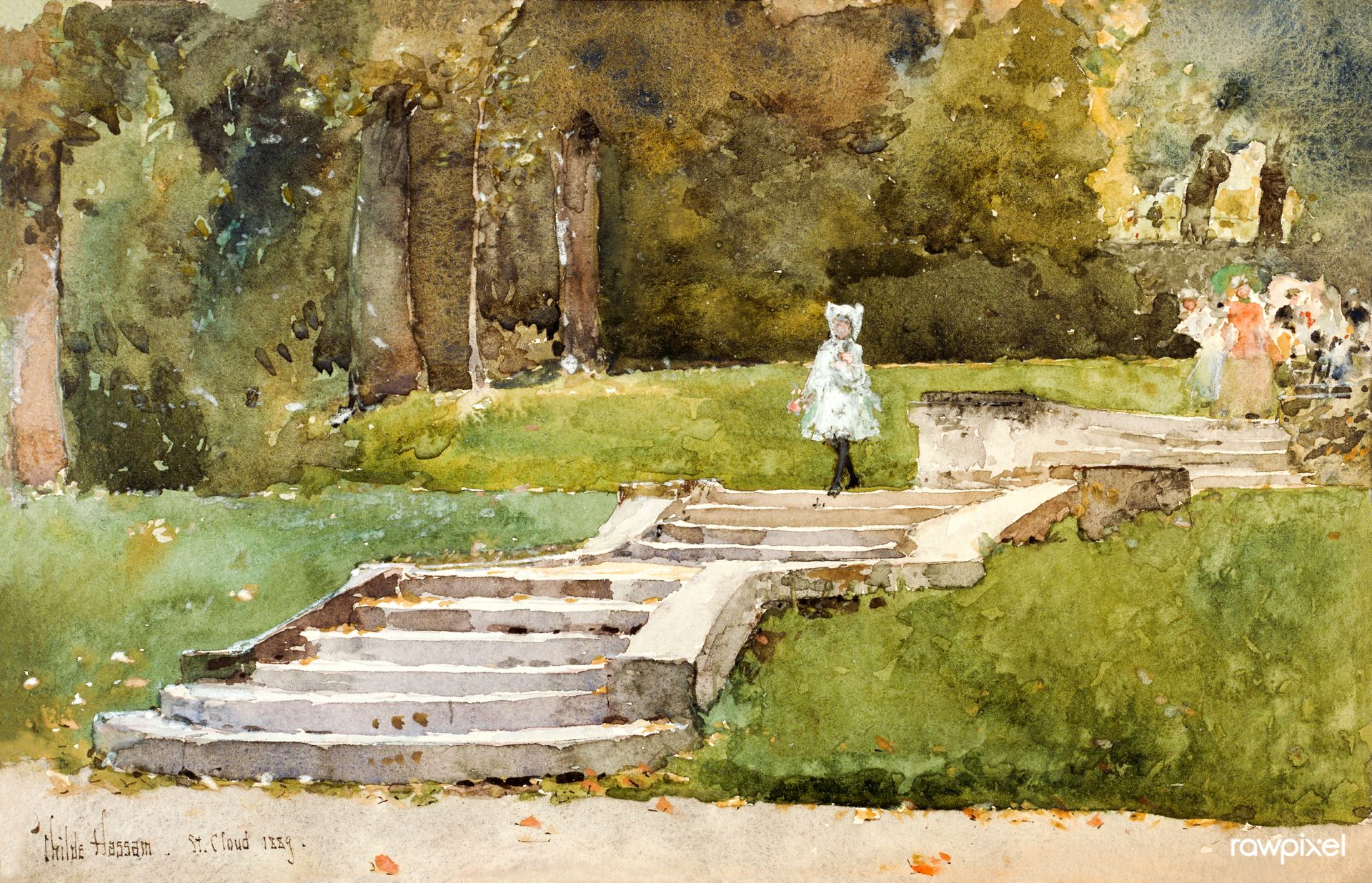 查爾德・哈桑《聖克盧》（Saint-Cloud），1889，水彩紙本，18×27.5公分，芝加哥藝術博物館（Art Institute of Chicago）藏。引自Wikimedia Commons