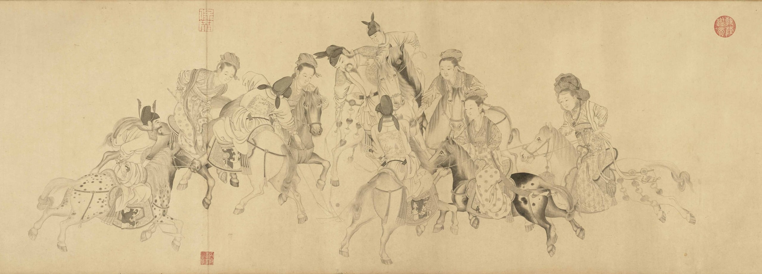 清 丁觀鵬〈畫唐明皇擊鞠圖〉局部，紙本墨色，35.6×251.9公分，國立故宮博物院藏。ⓒ國立故宮博物院Open Data