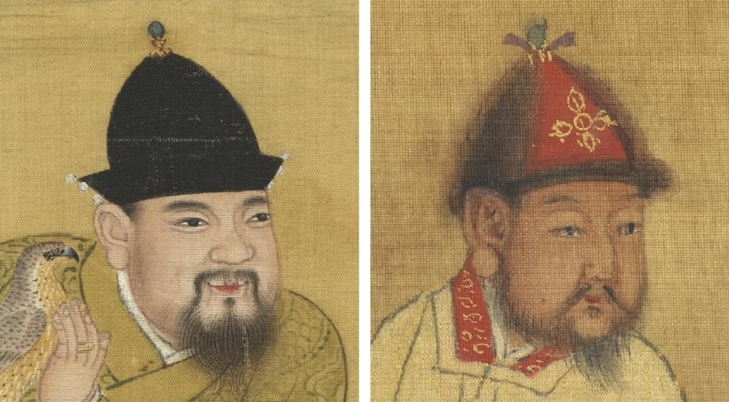 上為〈元人畫獵騎圖〉，絹本設色，39.4×60.1公分，國立故宮博物院藏。ⓒ國立故宮博物院Open Data。下左為〈明宣宗馬上像〉肖像比對圖。