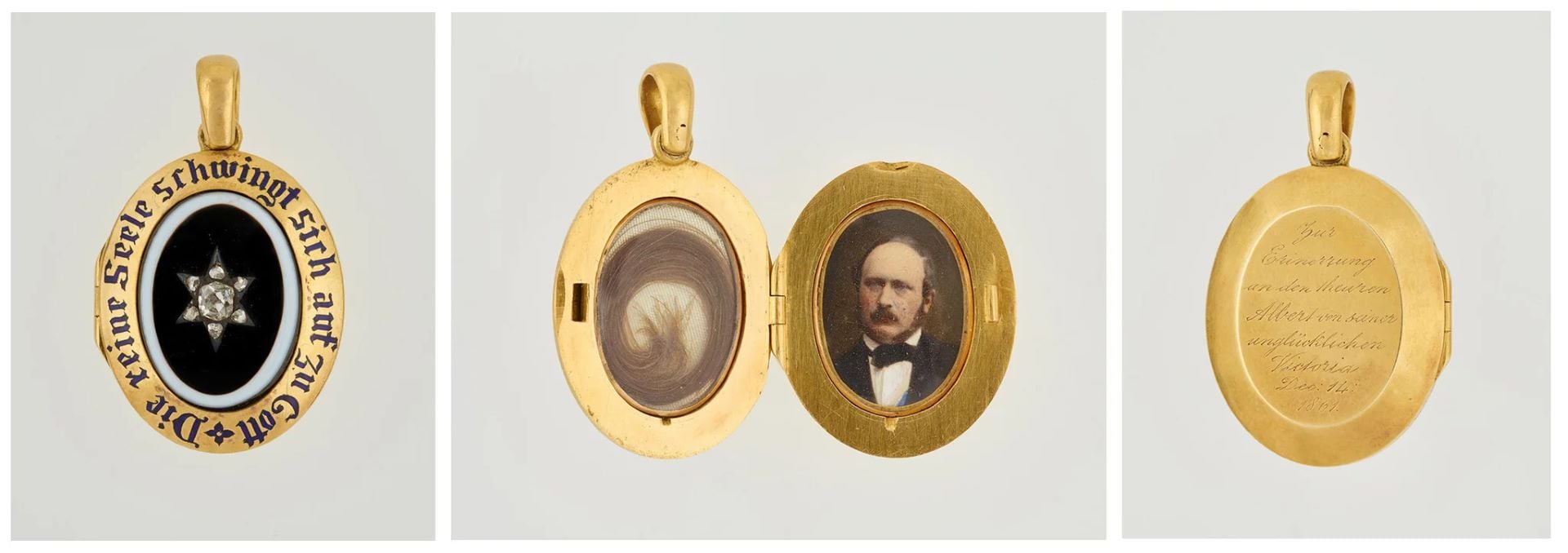維多利亞女王的紀念吊墜(Queen Victoria’s Locket),約1861年。金質吊墜鑲嵌縞瑪瑙、鑽石與琺瑯,內部一側保存阿爾伯特親王的照片,另一側則收藏髮絲。(現藏於皇家收藏信託 Royal Collection T…