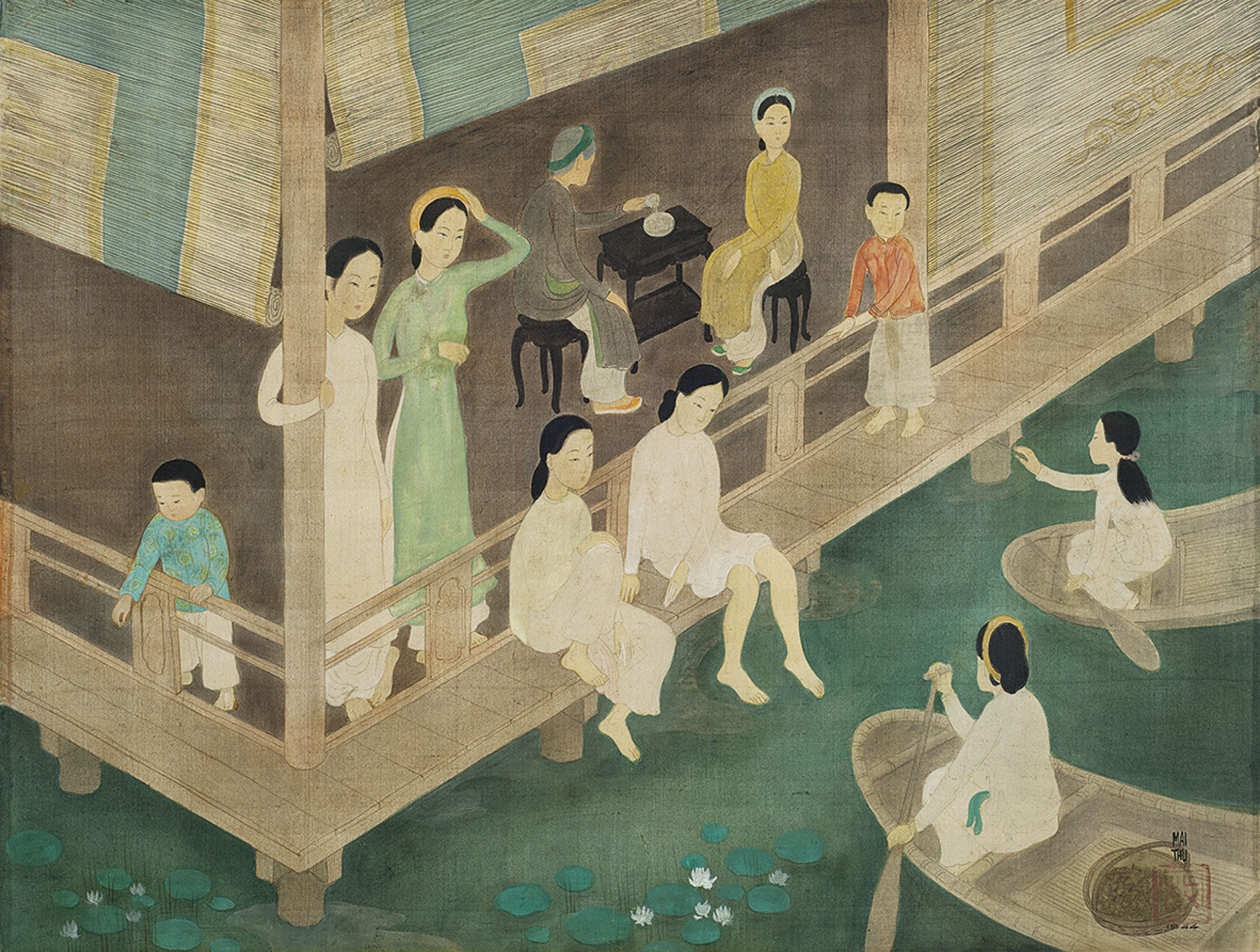 梅忠恕，《在樓閣的聚會》，1944，水墨、水粉、絹布。（圖片來源／佳士得）。