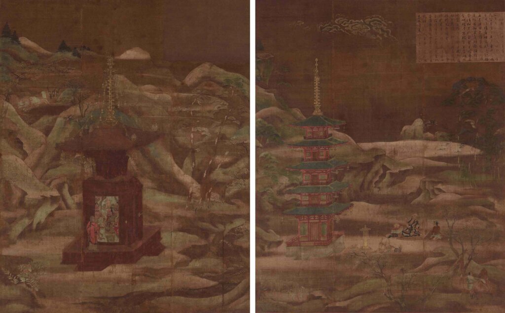 圖8（左）／國寶 平安時代 保延二年（1136） 藤原宗弘〈兩部大經感得圖之龍猛南天鐵塔相承圖〉，大阪．藤田美術館藏。8月25日至9月13日展出。圖9（右） ／國寶 平安時代 保延二年（1136） 藤原宗弘〈兩部大經感得圖之善無畏金粟王塔感…