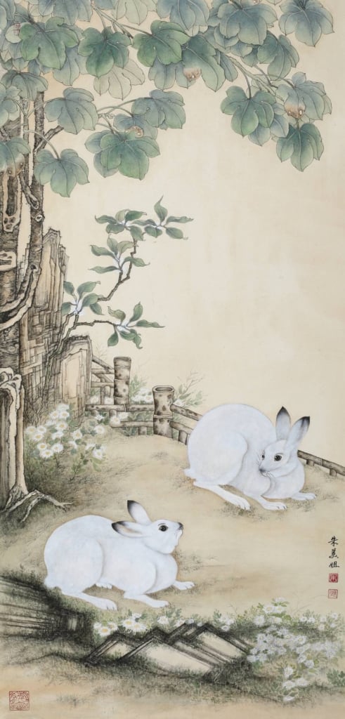 朱美姐〈臨清冷枚梧桐雙兔圖〉。圖／中華民國工筆畫學會。