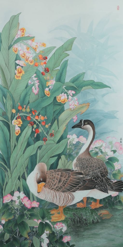 耿美潔〈鵝戲花間〉。圖／中華民國工筆畫學會。