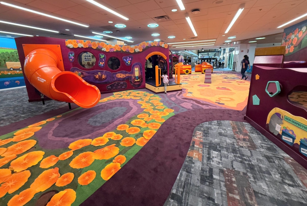 SCCLD 之 Gilroy Library 的主題是地底探險之旅(Earthen Excursion),土壤色調與隧道組成的遊戲場,象徵地底世界的神祕與豐厚。孩子可以探索遊具上的水晶與寶石,透過英、西雙語,學習顏色、字母與數字,並在鑽探車…