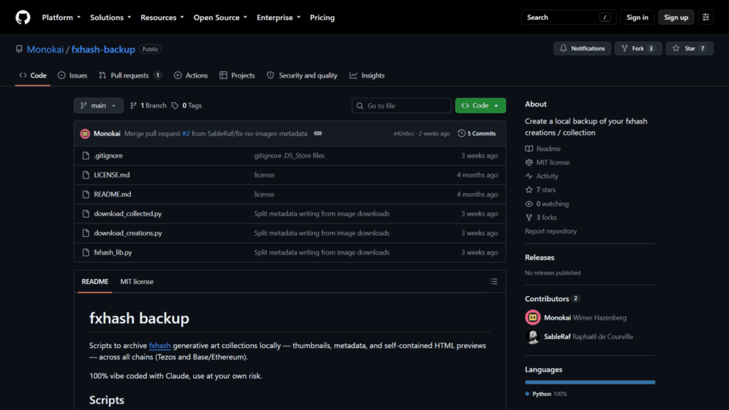 社群自建的 fxhash 備份工具。 開發者 Monokai 製作的開源工具 fxhash-backup，可將 fxhash 各鏈（Tezos、Base、Ethereum）上的作品連同縮圖、metadata 與可離線開啟的 HTML 一併備…