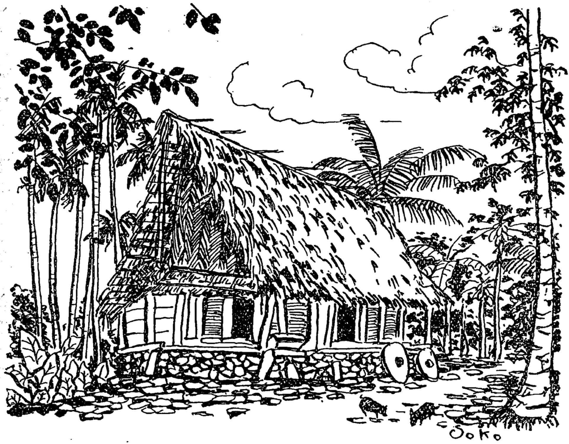 水谷宗弘,〈雅浦島的集會所〉,1938。收錄在(〈裏南洋繪畫行腳(三)〉,《祖國》第十一卷第一號)。