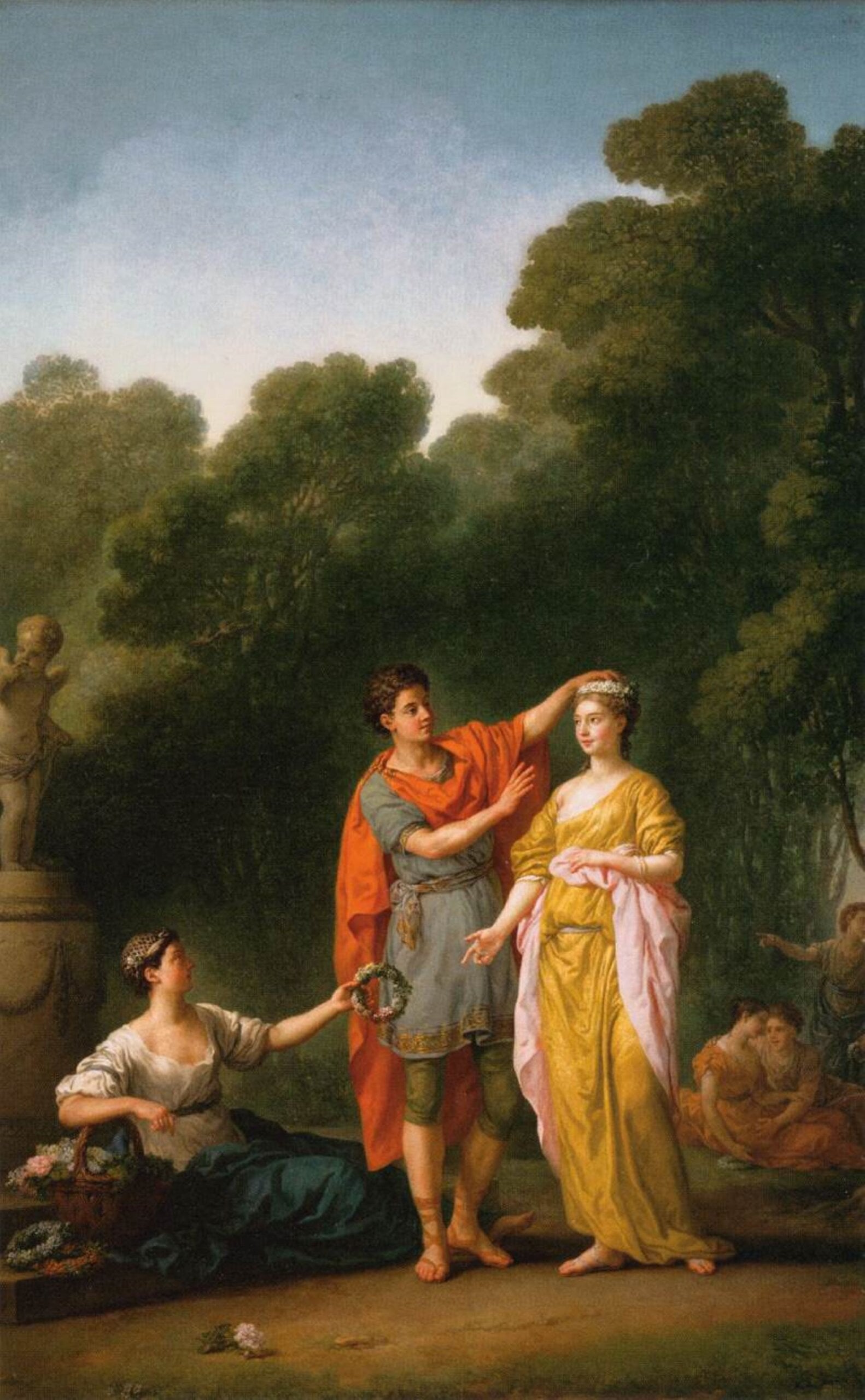 約瑟夫・馬里・維安(Joseph-Marie Vien,1716–1809),《情人為愛人加冕》(Lover Crowning his Mistress),1773年,油彩畫布,335 × 202公分,法國羅浮宮博物館藏。(維基百科)