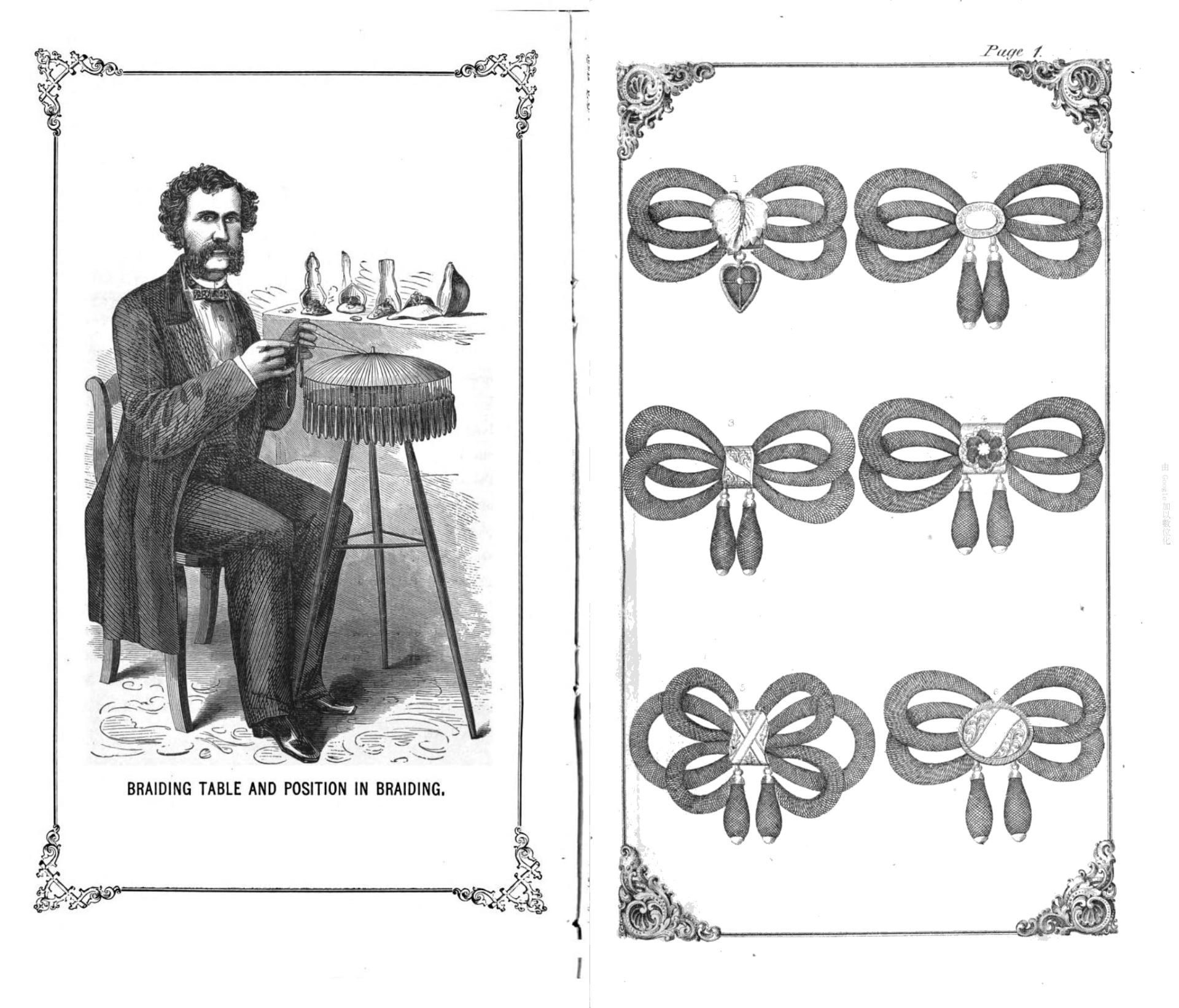 1867年的《髮飾藝術自學指南》(Self-Instructor in the Art of Hair Work)介紹編髮技法、設計圖樣與製作方式。(截取自 Google Books)