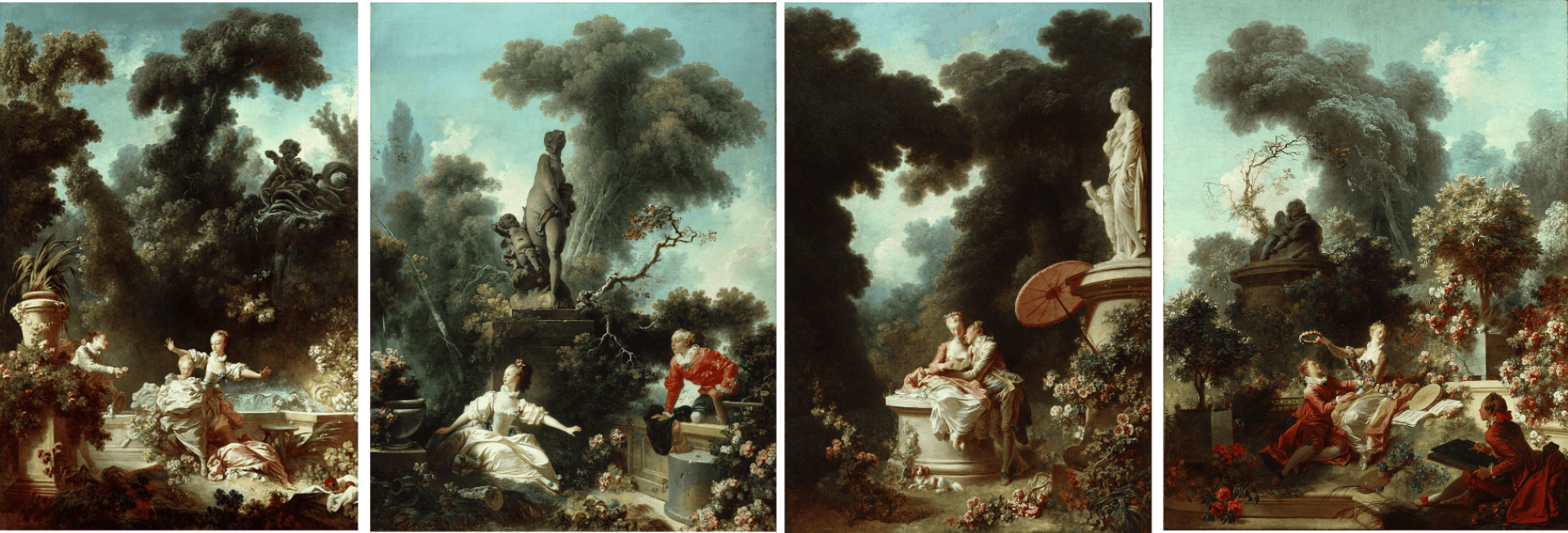 讓・奧諾雷・弗拉戈納爾(Jean-Honoré Fragonard,1732–1806),《愛的進程》(The Progress of Love),1771–1772年,油彩畫布,弗里克收藏館藏。(維基百科)