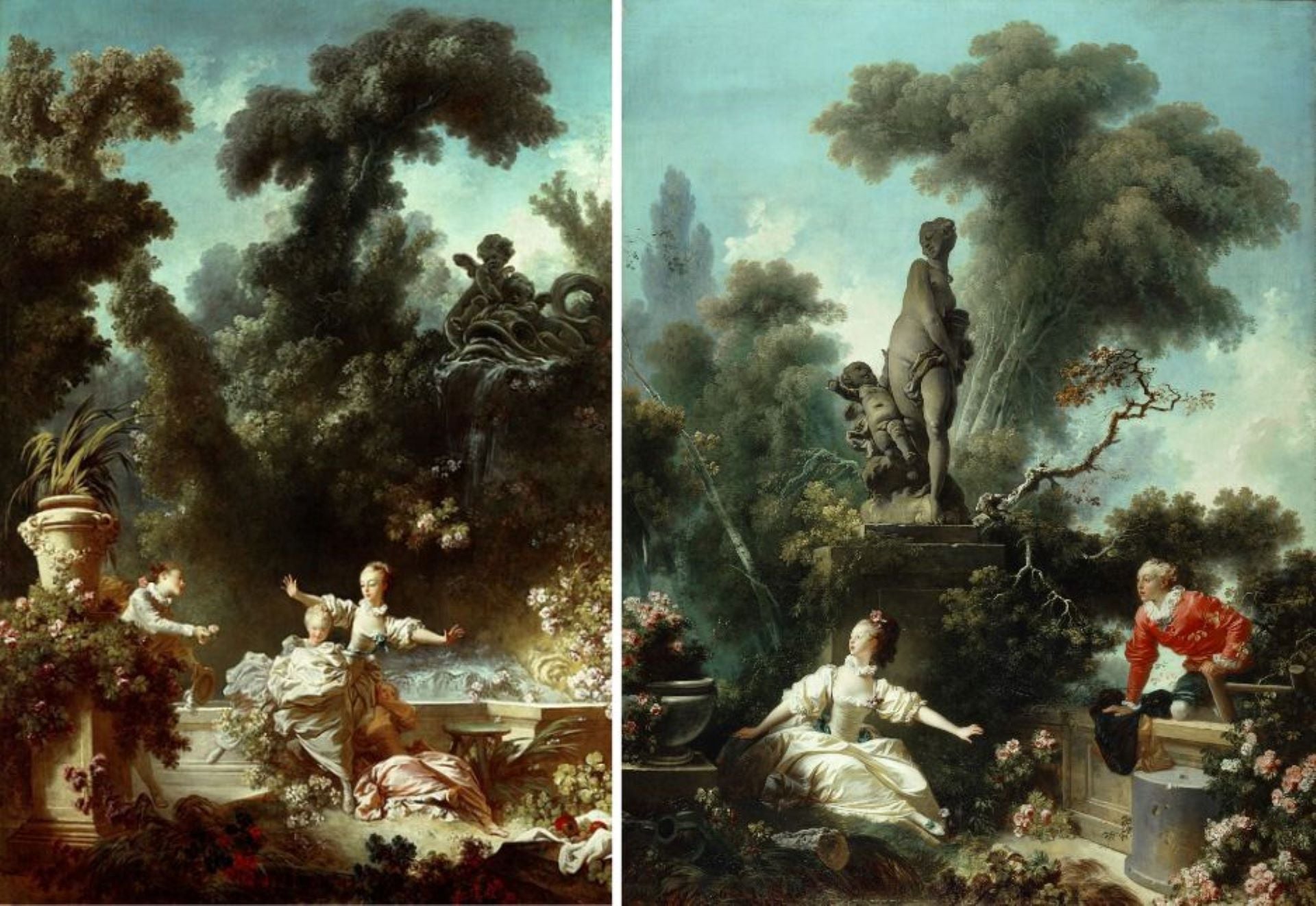 讓・奧諾雷・弗拉戈納爾(Jean-Honoré Fragonard),《追求》(The Pursuit)(左)、《會面》(The Meeting)(右),1771–1772年,油彩畫布,弗里克收藏館藏。(維基百科)
