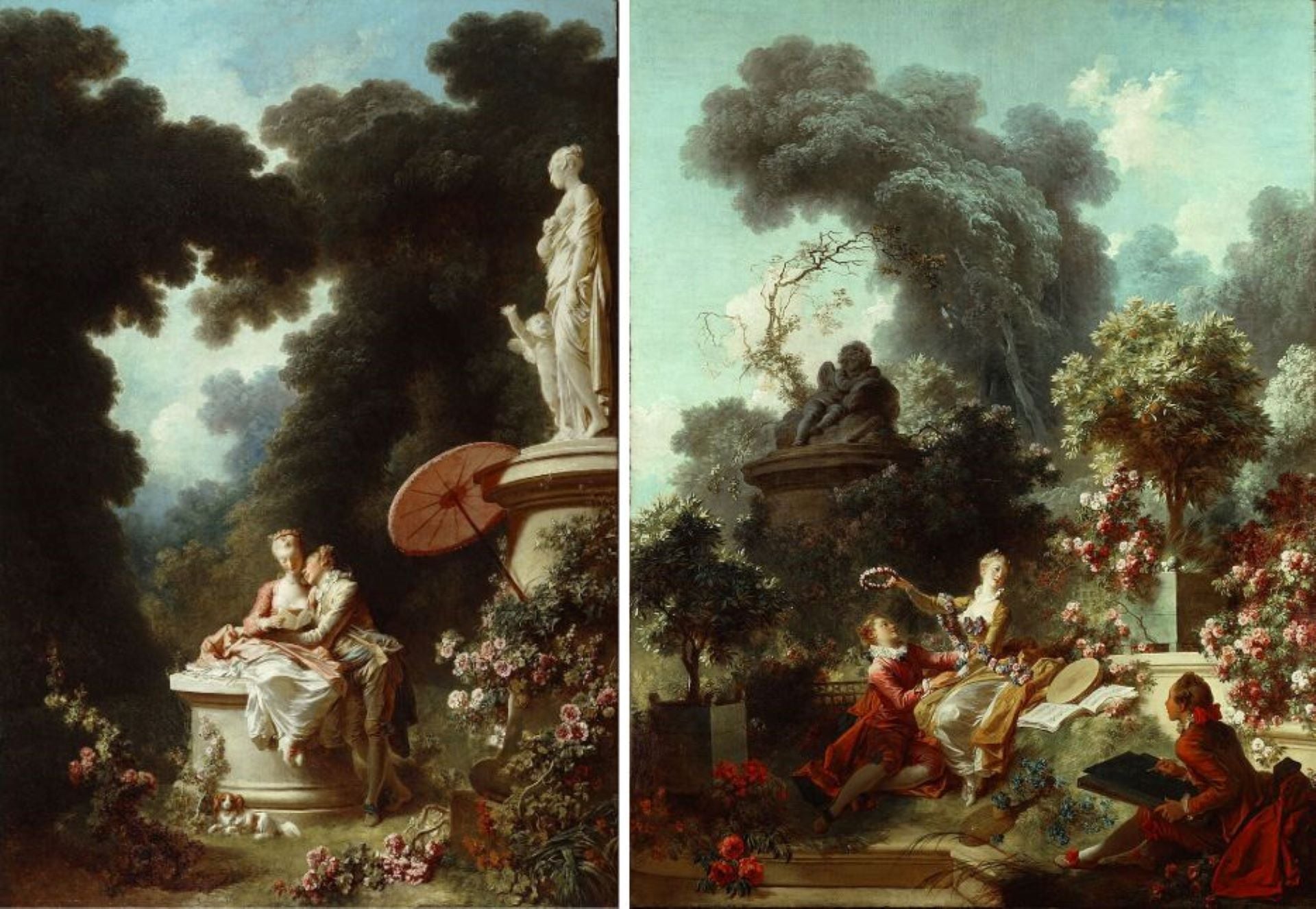 讓・奧諾雷・弗拉戈納爾(Jean-Honoré Fragonard),《加冕的戀人》(The Lover Crowned)(右)、《情書》(Love Letters)(左),1771–1772年,油彩畫布,弗里克收藏館藏。(維基百科)