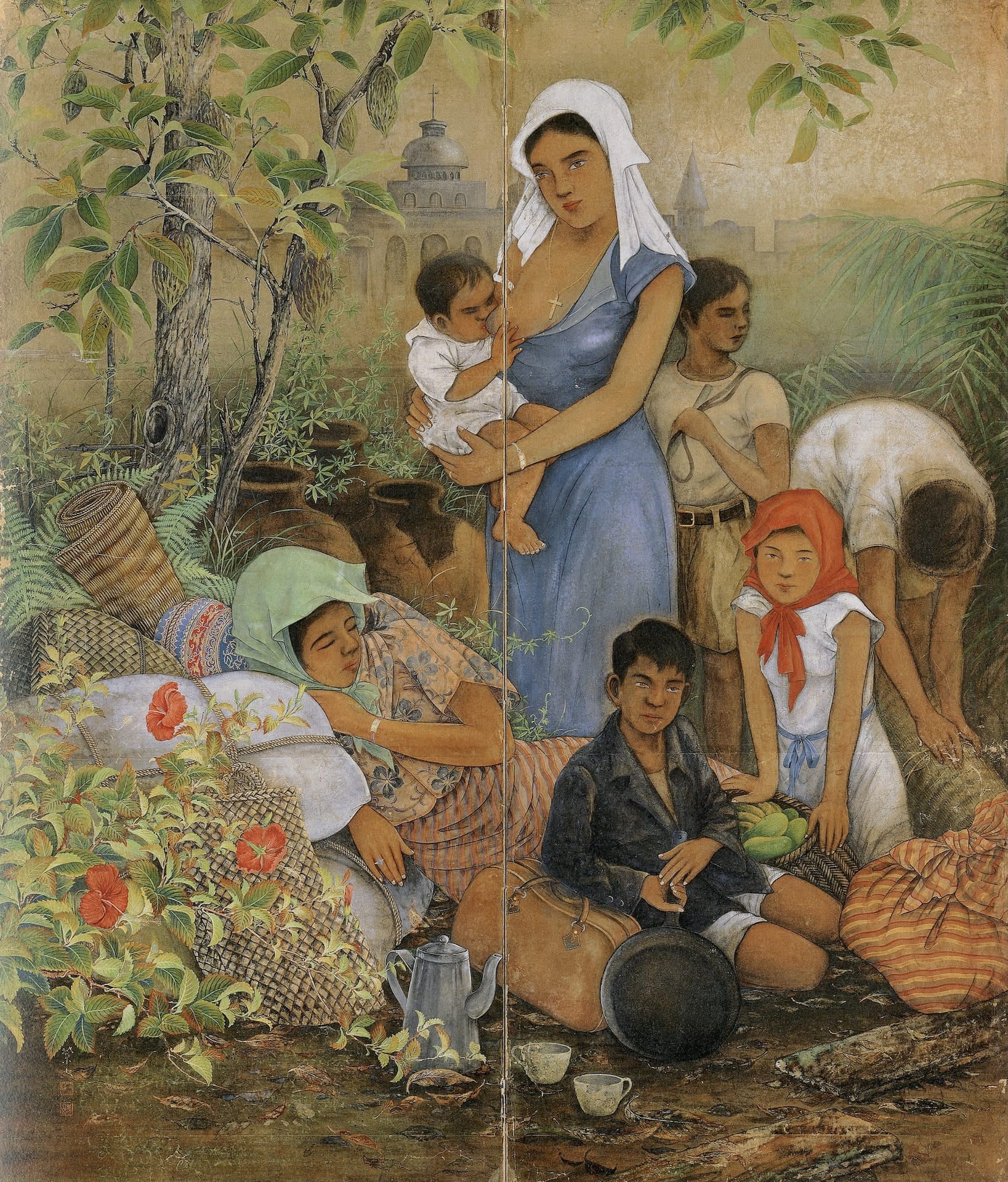 石原紫山，〈達魯拉克的難民（比島作戰從軍紀念）〉，1943，紙本設色，178*75.7 cm（兩幅），臺北市立美術館典藏（臺北市立美術館，《臺灣製造．製造臺灣：臺北市立美術館典藏展》，臺北：同編者，2016）。