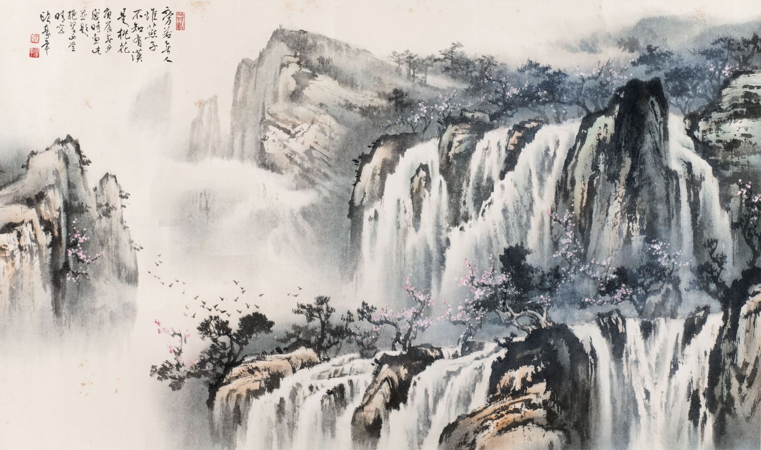 歐豪年庚辰（2000）年作《飛瀑圖》，設色紙本，鏡心，76×128公分，款識：庚辰春月感時畫此並題，挹翠山堂晴窗，歐豪年。估價9萬至10萬港元。