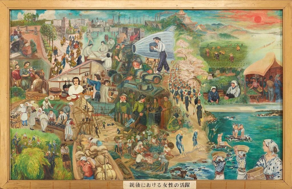 圖6 女流美術家奉公隊，《大東亞戰皇國婦女皆働之圖（春夏之部）》，1944年，筥崎宮藏。筥崎宮提供。