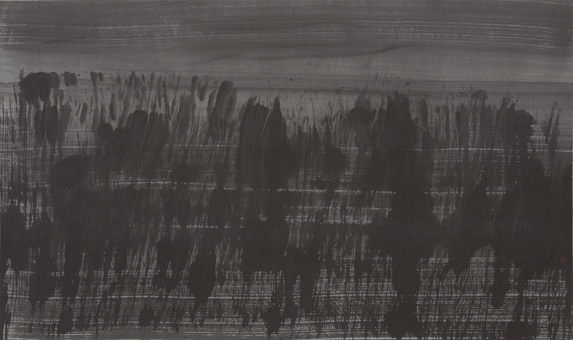 李安成｜車窗外的風景 墨、宣紙 63.5×106 cm 1986 私人收藏（圖／高雄市立美術館）