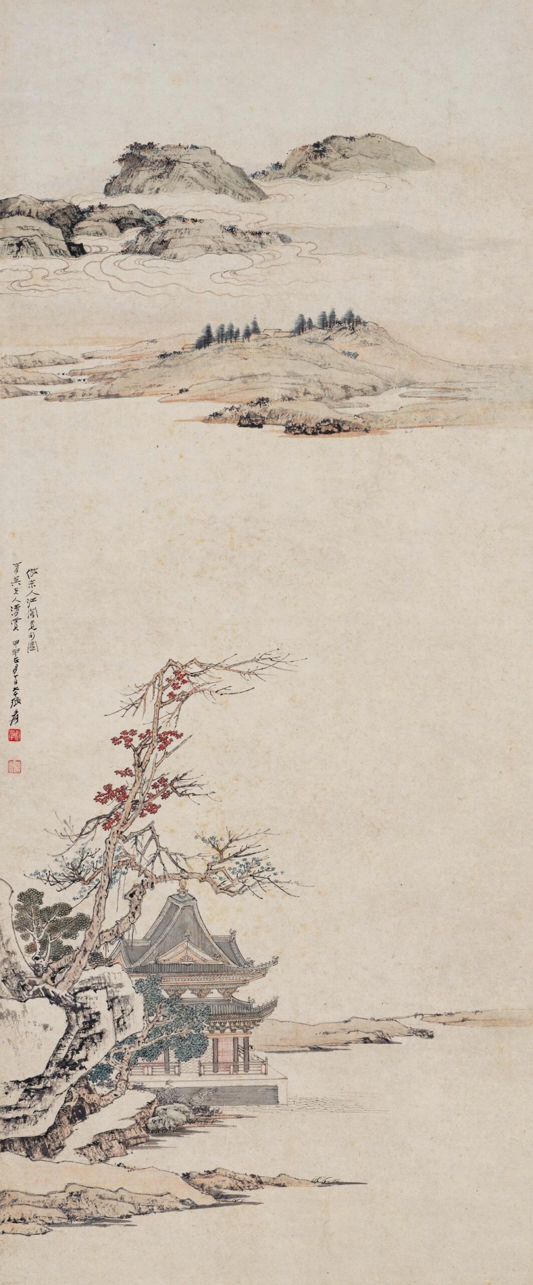 張大千1944年作《江閣覓句圖》,設色紙本,96×40公分,估價160萬至350萬港元。圖/香港邦瀚斯。