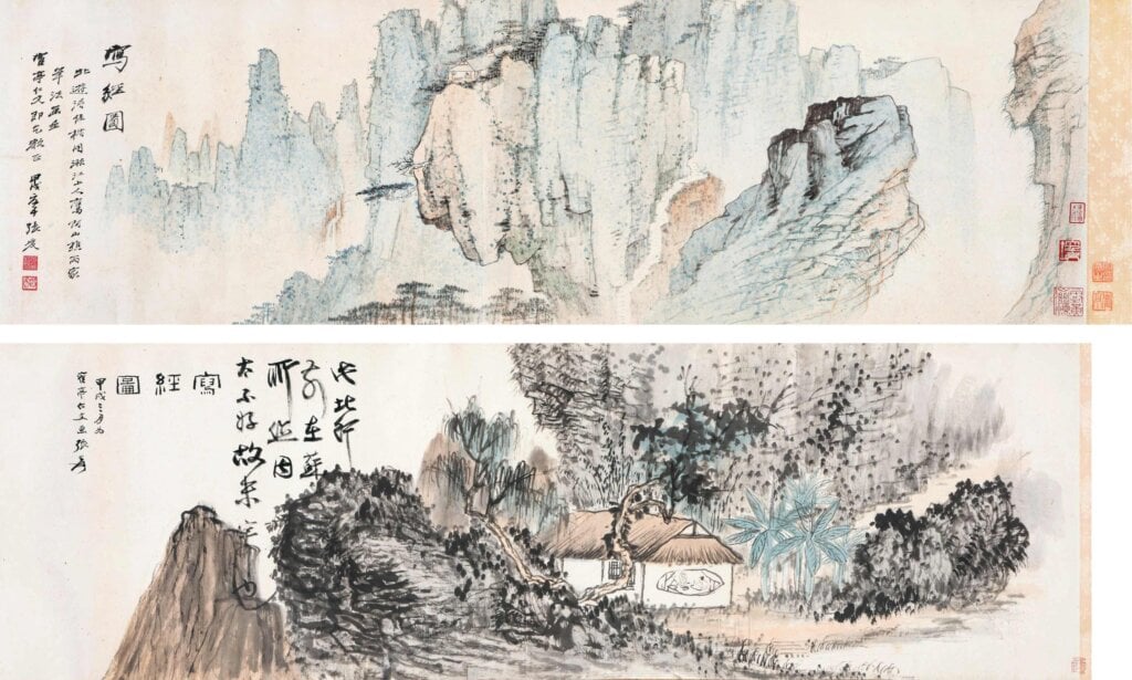 張大千1934年作《寫經圖》,設色紙本,畫心一:33.3×109.8公分;畫心二:33.3×105.6公分,估價80萬至150萬港元。圖/香港邦瀚斯。