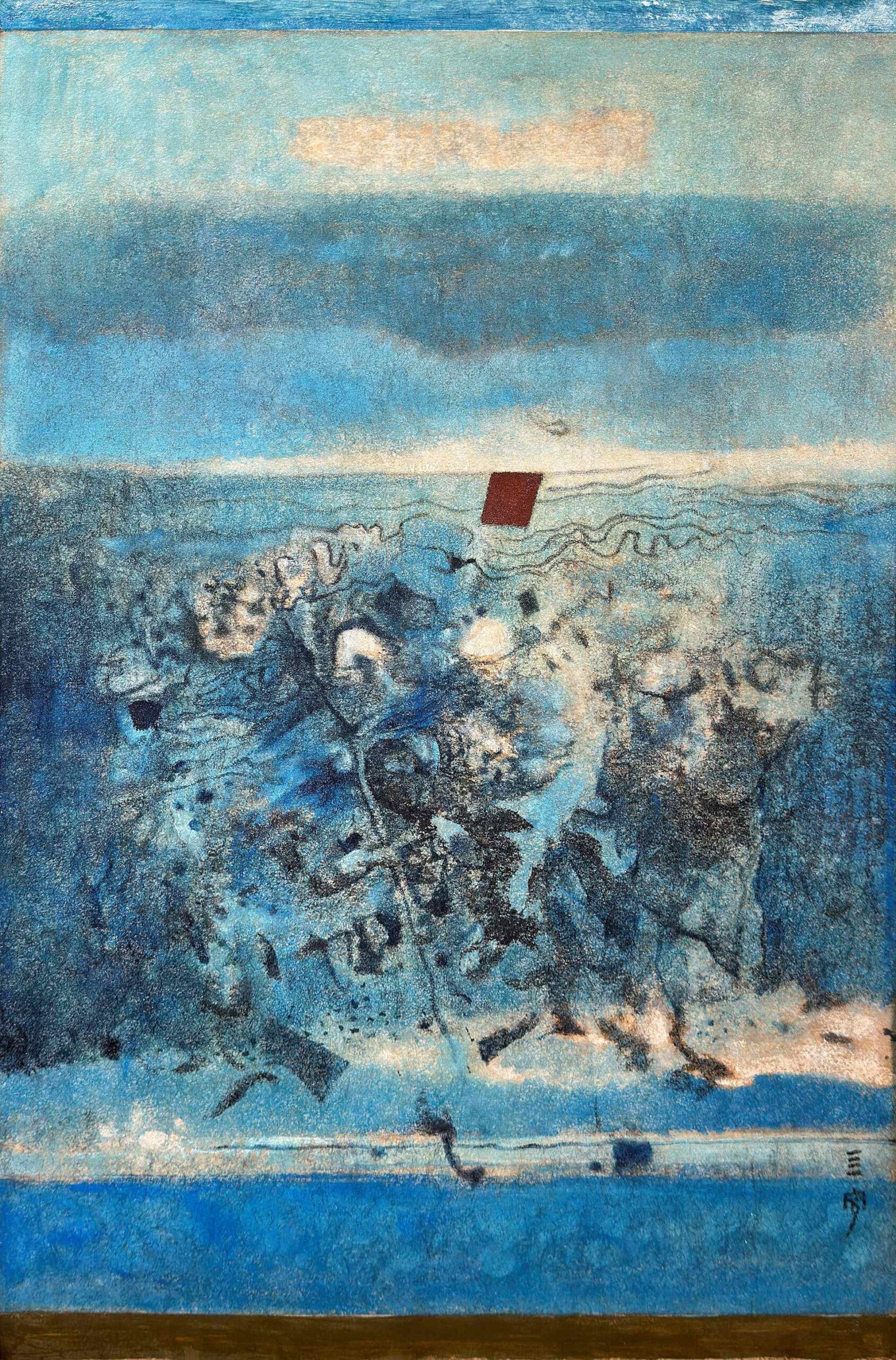 鍾泗濱，《藍色風景》，複合媒材於硬紙，72.5×47.5 cm，約1970年代。（尊彩藝術中心提供）