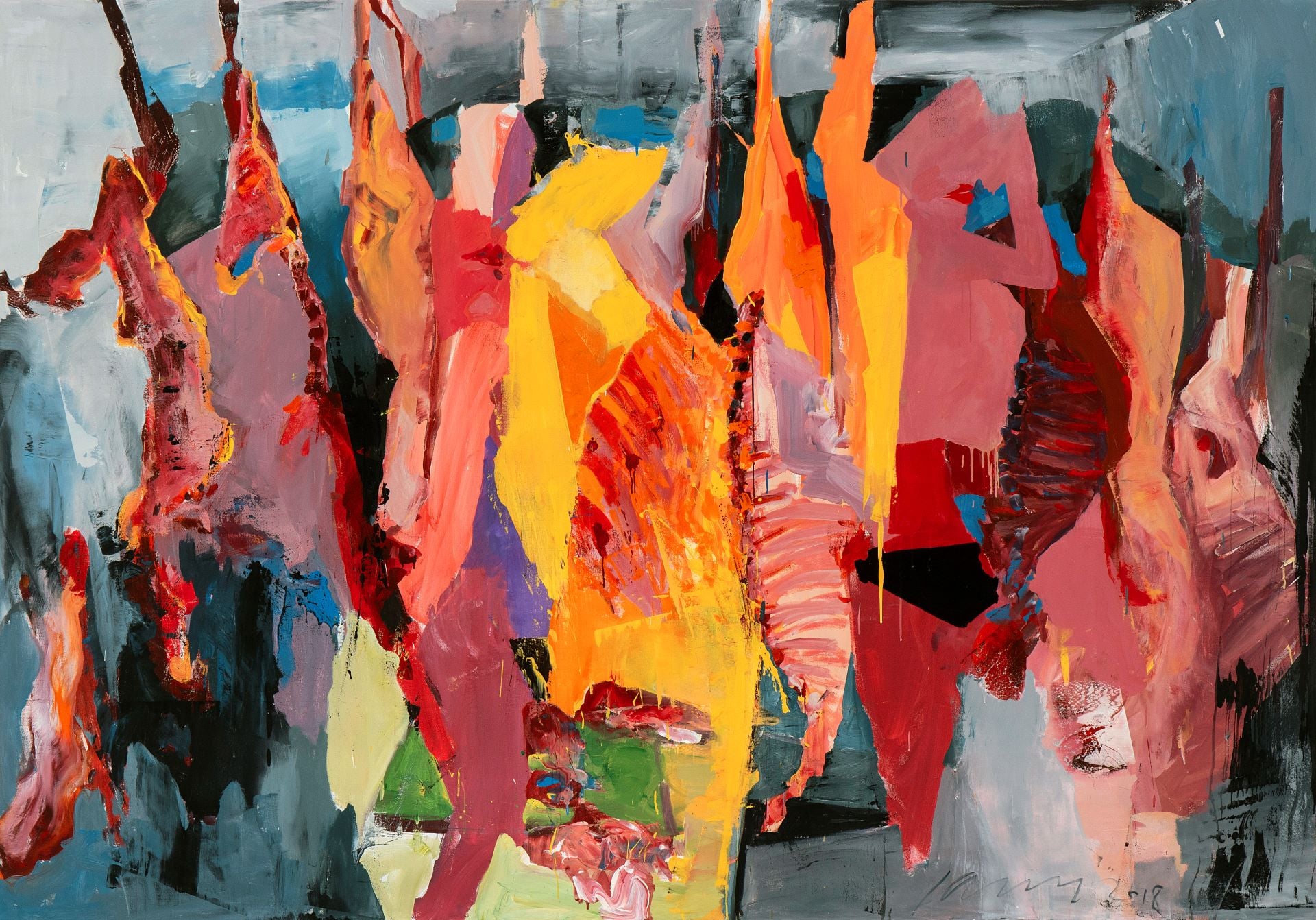 王瑾，《晚餐的來源》，壓克力畫布，215×305 cm，2018。（尊彩藝術中心提供）