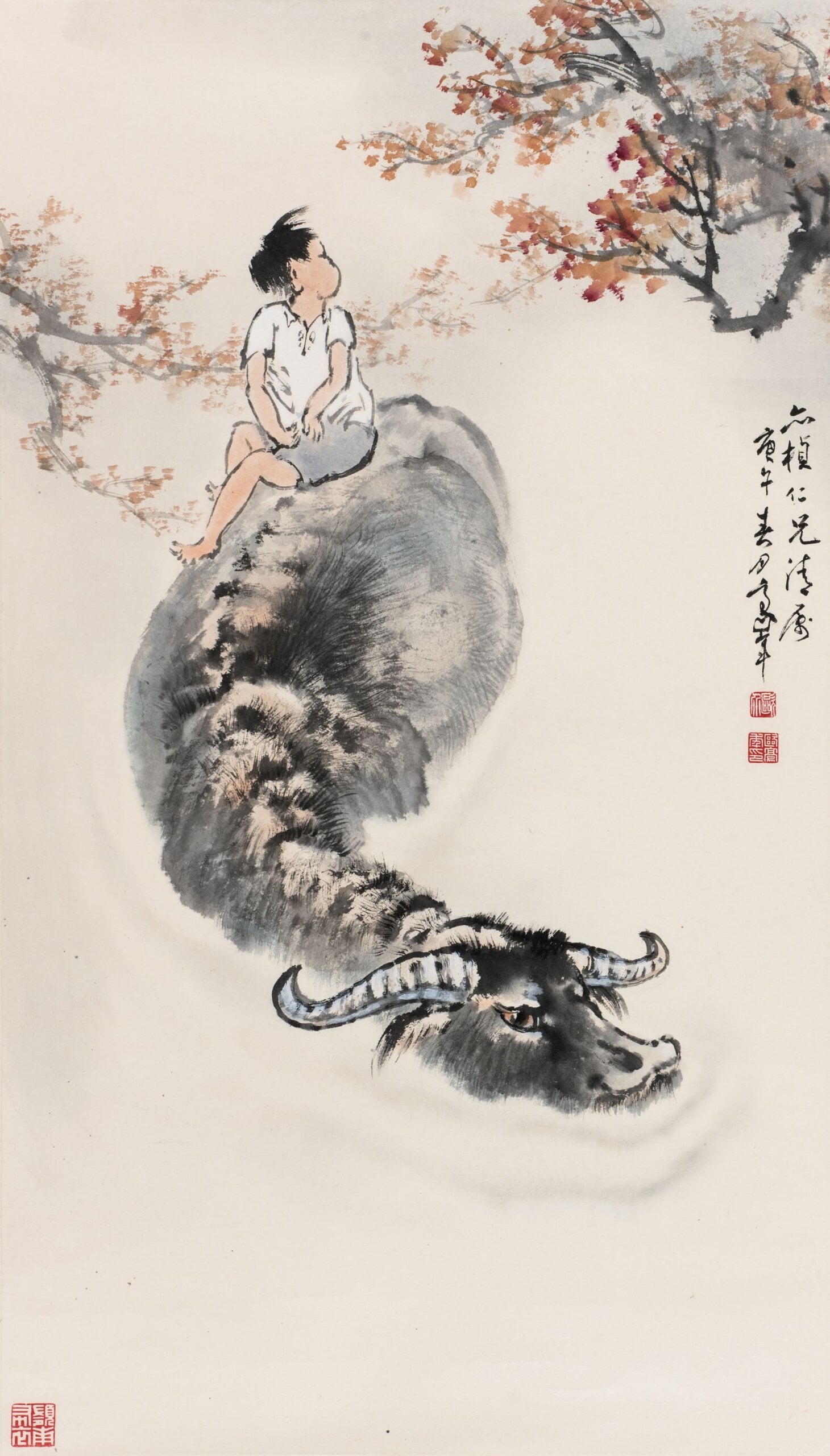 歐豪年《牧牛圖》，95.5×54公分，設色紙本，鏡心，款識：亦楨仁兄清屬，庚午春月，豪年。估價6萬至8萬港元。