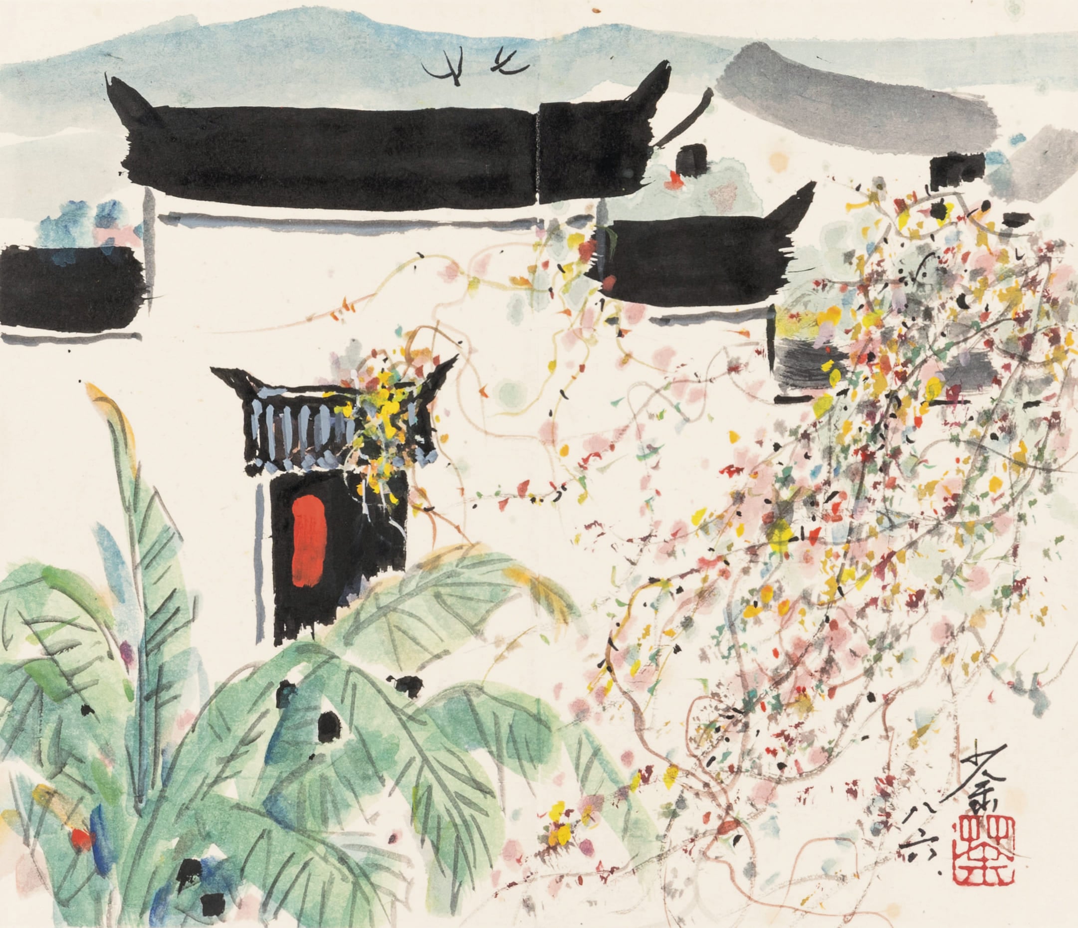 吳冠中《春歸》，設色紙本，鏡框，24.4×28.6公分，款識：荼 八六。估價18萬至20萬港元。