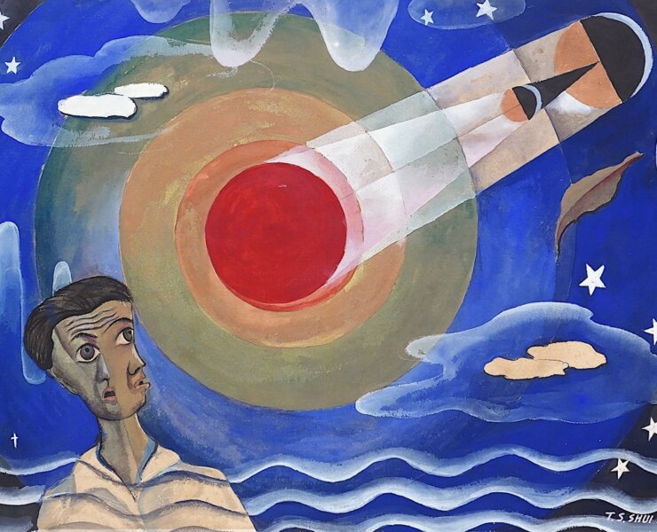 Prestige Gallery 品藝畫廊_SHUI Tit Sing 許鐵生_Solar Eclipse 日全食_Watercolour on Paper 水彩紙本_38.5 x 56.5 cm_1955