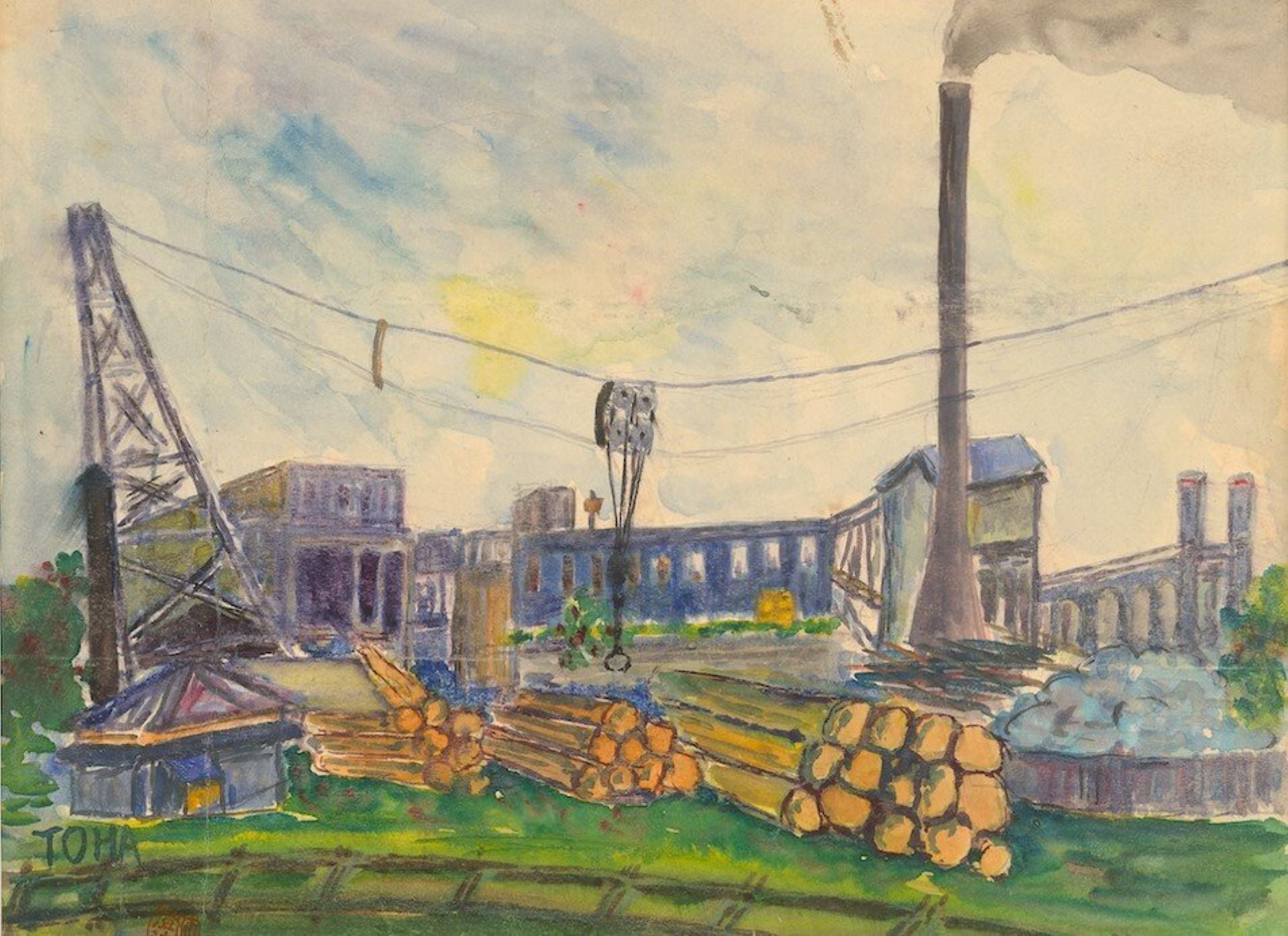 陳澄波《木材工廠》，1921，紙本水彩，18.2×23.5cm，中央研究院臺灣史研究所典藏。這一張畫作描繪的地點就是嘉義製材所，見證過去嘉義木業十分興盛。（圖片取自陳澄波文化基金會）