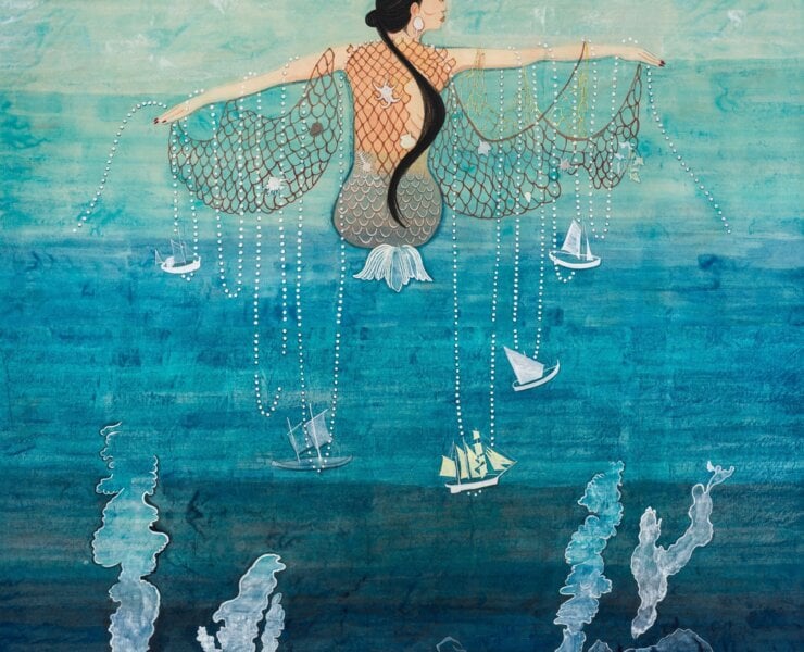 盧芛 Wei LU_編織海洋的人_Ocean Weaver_水墨紙本、水干、礦物顏料 Suihi-enogu, mineral pigments, ink on kozo paper_154 x 140 cm_77 x 140 cm(eac…