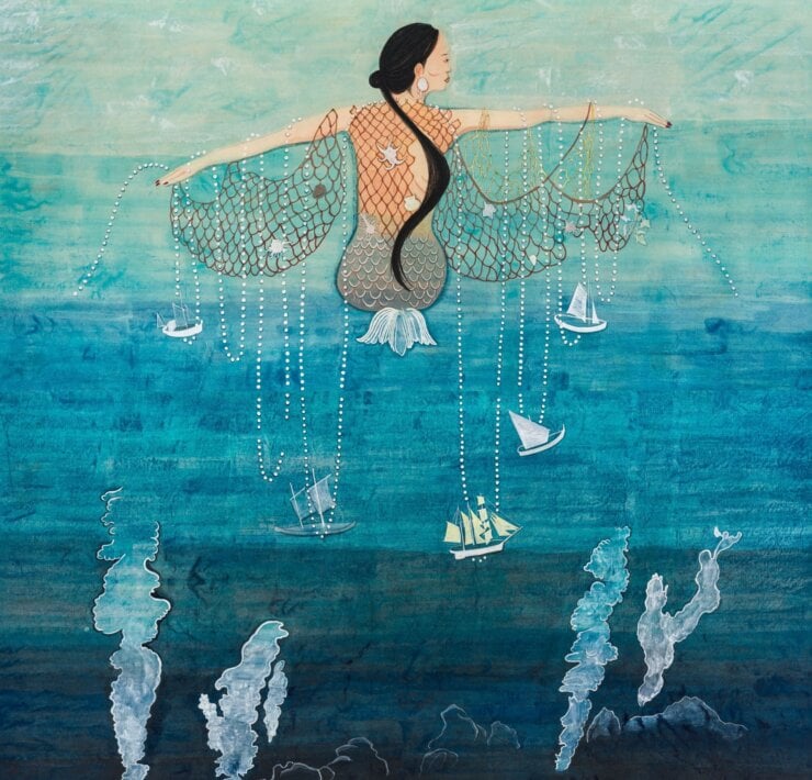 盧芛 Wei LU_編織海洋的人_Ocean Weaver_水墨紙本、水干、礦物顏料 Suihi-enogu, mineral pigments, ink on kozo paper_154 x 140 cm_77 x 140 cm(eac…