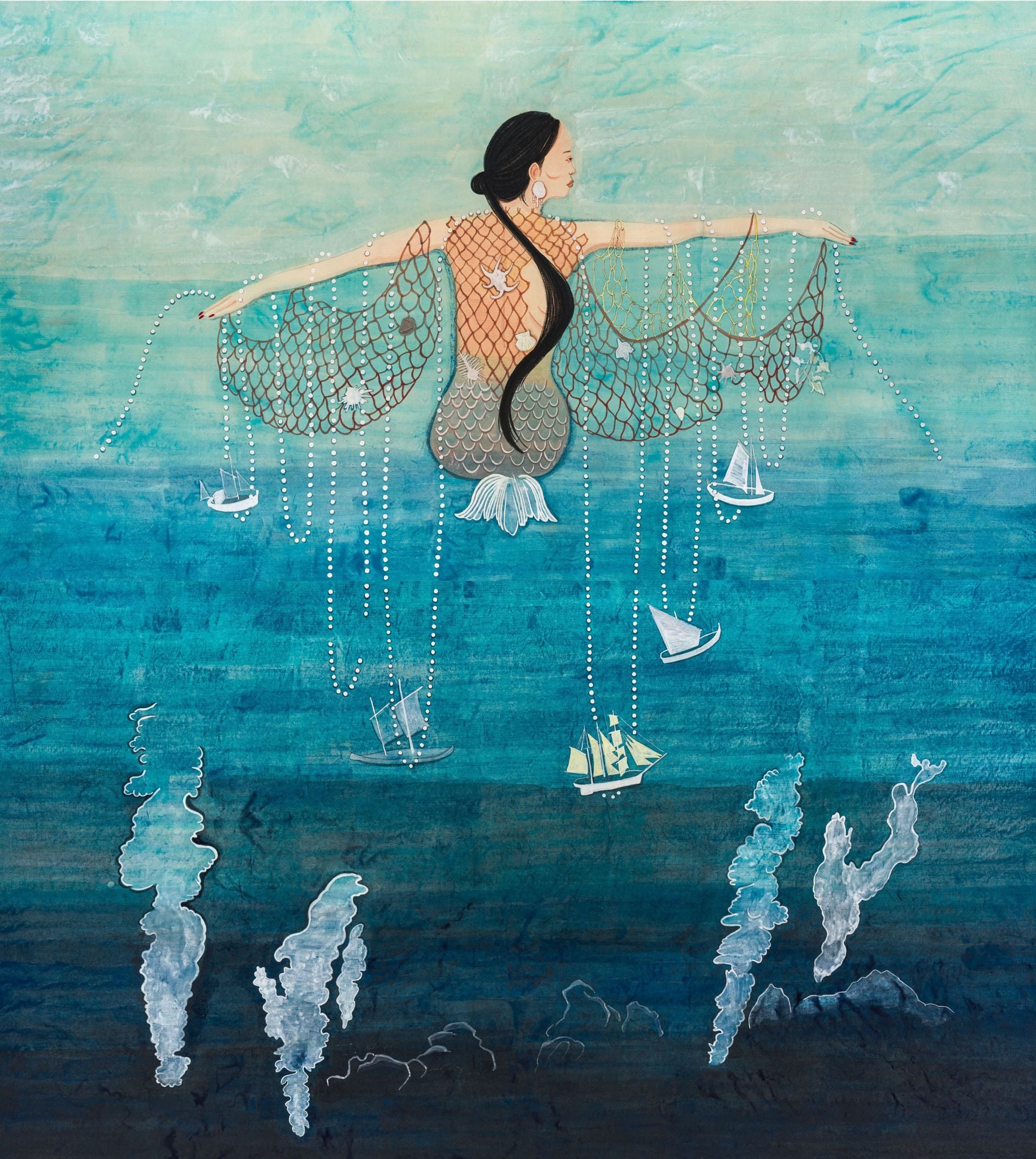 盧芛 ,《編織海洋的人》,水墨紙本、水干、礦物顏料,154 x 140 cm( 77 x 140 cm each ), 2026。(也趣畫廊提供)