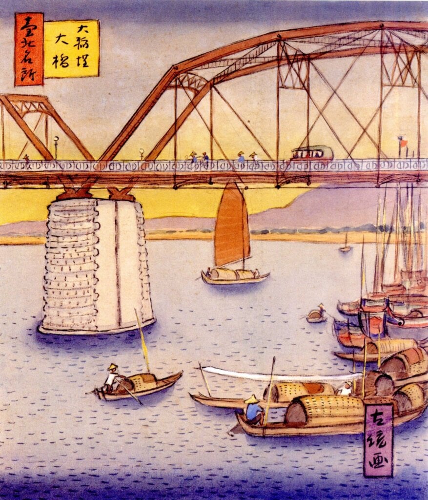 《臺北名所繪畫十二景：大稻埕大橋》。（國家文化記憶庫）