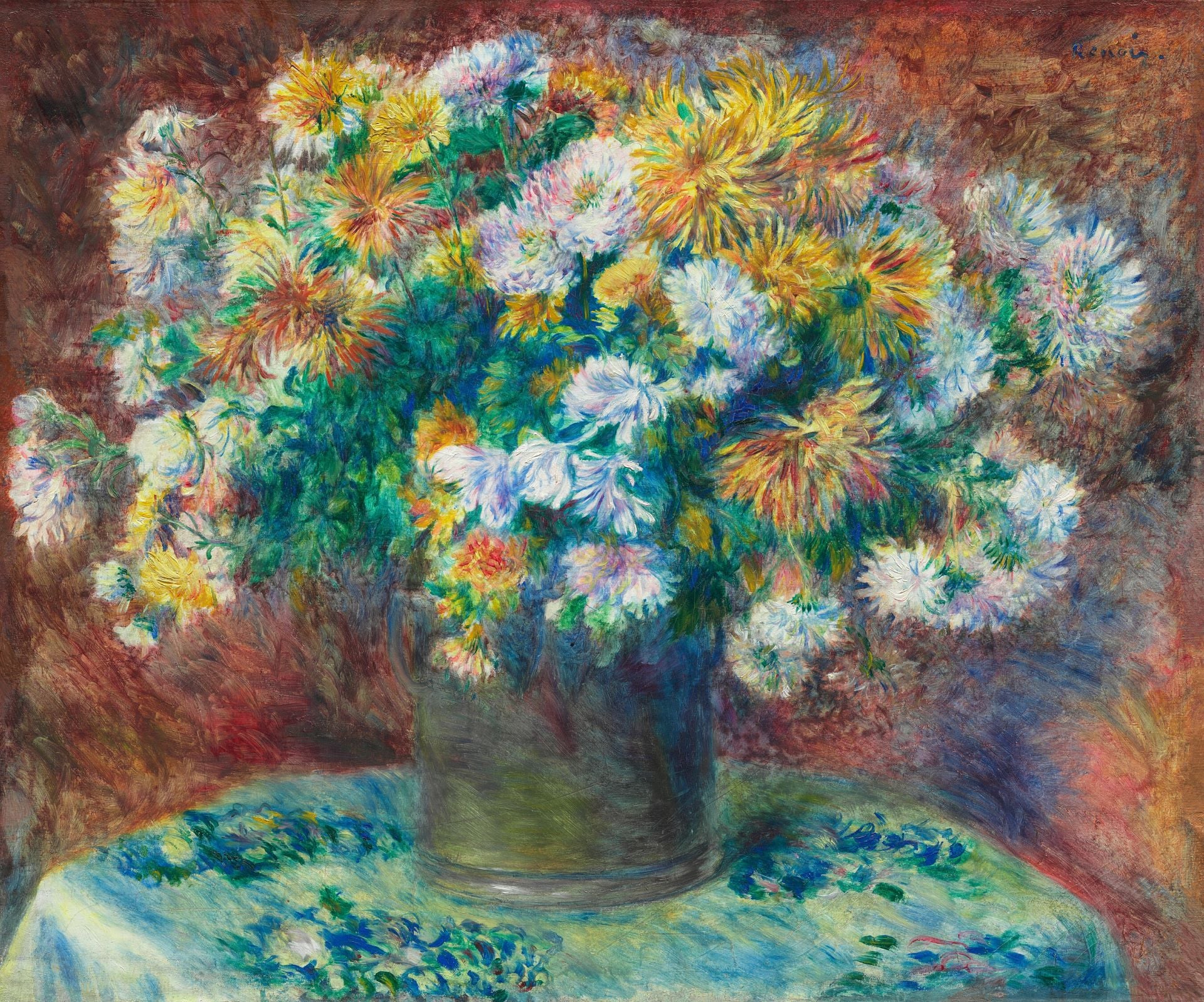 皮耶-奧古斯特・雷諾瓦《菊花》（Chrysanthemums），1881-1882，油彩畫布，54.7×65.9公分，芝加哥藝術博物館（Art Institute of Chicago）藏。（引自芝加哥藝術博物館典藏資料庫）