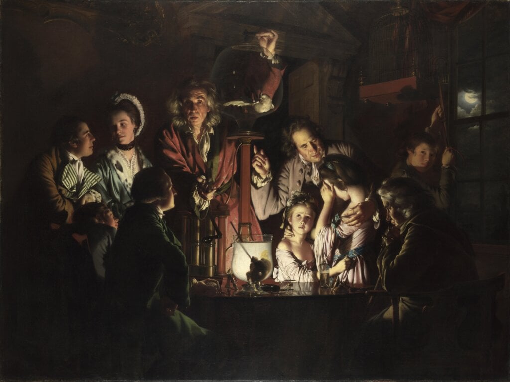 Joseph Wright of Derby《An Experiment on a Bird in the Air Pump》（1768），英國國家美術館藏。畫面裡唯一的光源是一盞燭火，照亮圍觀科學實驗、神情各異的臉孔，是啟蒙時代「知識的光…