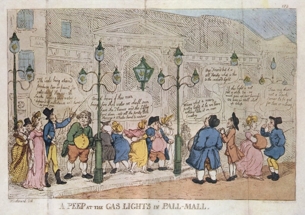 Thomas Rowlandson《A Peep at the Gas Lights in Pall-Mall》（1809）。1807年，倫敦街道首度裝設煤氣路燈，市民圍觀這種前所未見的照明技術，驚奇不已。這是「夜晚被延長、街道被照亮」這段…