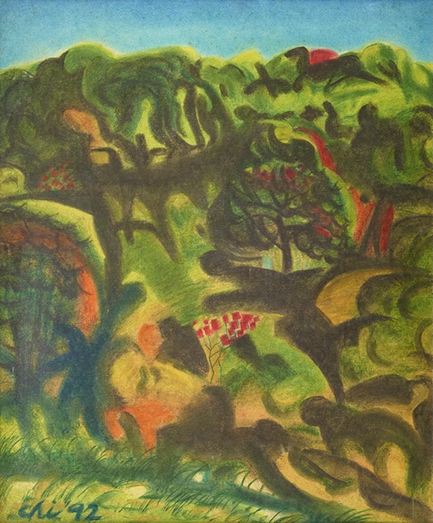 七等生，《山坡的樹木》，紙本粉彩&nbsp;，58.5x48cm，1992。（劉懷拙提供）