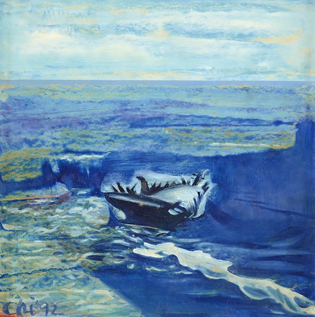 七等生，《海濱殘夢》，紙本油彩，45x45cm，1992。&nbsp;