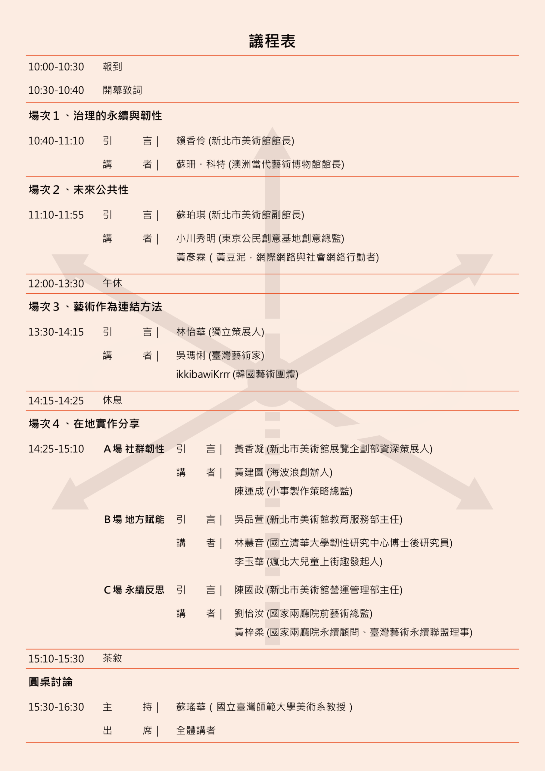 2026新美館論壇「明日座標：機構永續與公共連結」議程表。（新北市美術館提供）