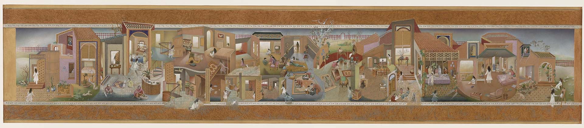 沙茲亞．西莰達｜The Scroll 植物性色料、乾顏料、水彩、茶、wasli紙 34.3×162.2cm 1989–1990