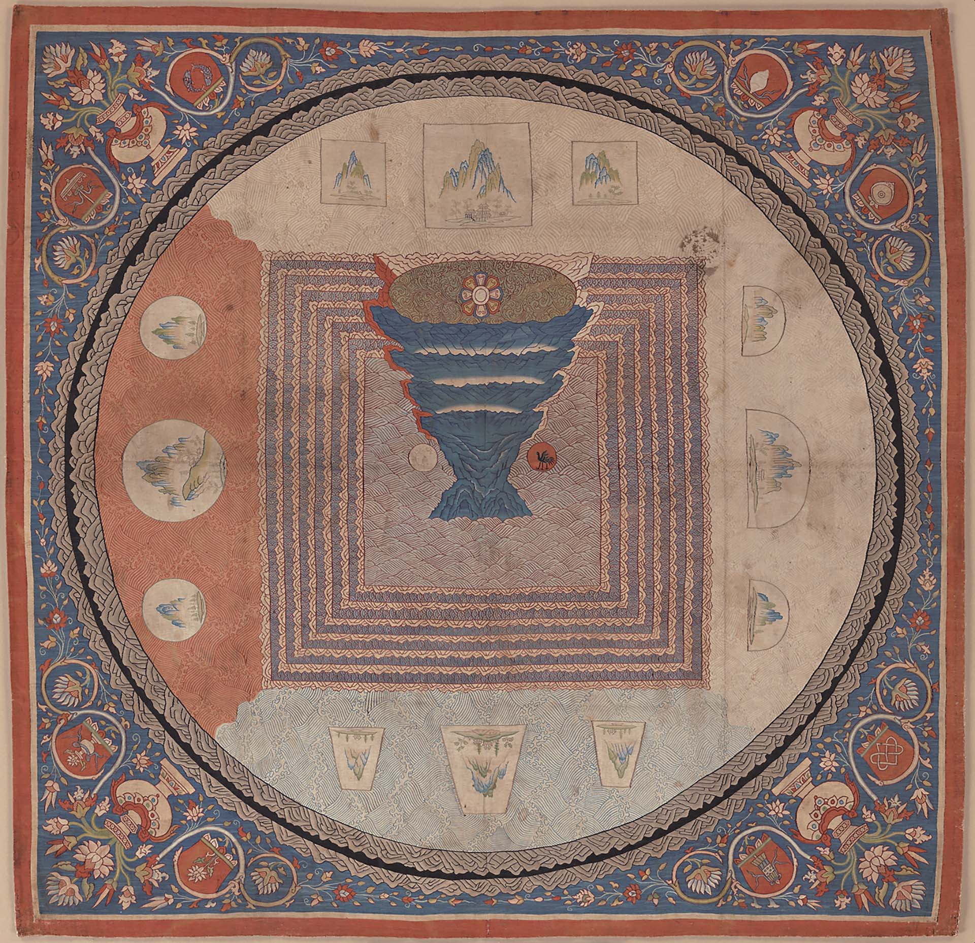圖為元代《須彌山曼陀羅》（Cosmological Mandala with Mount Meru）。作品以須彌山為中心，結合佛教宇宙觀與中國式山水圖像，呈現一套由多重關係構成的世界秩序。（圖片取自The Metropolitan Muse…