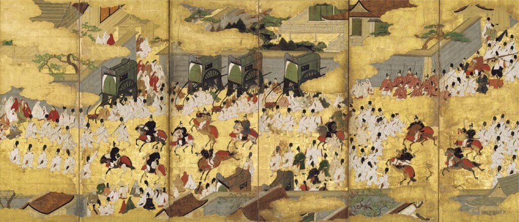 圖5 室町時代永祿三年（1560） 土佐光茂〈車爭圖屏風〉，圖為右隻，162.6×372.6公分，京都．仁和寺藏，10月6日至11月1日展出。