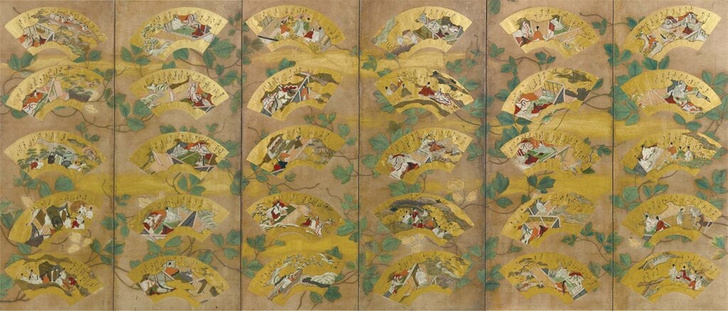 圖7 室町時代16世紀〈源氏物語圖扇面貼交屏風〉，圖為左隻，155×364公分，廣島．淨土寺藏，10月6日至11月1日展出。