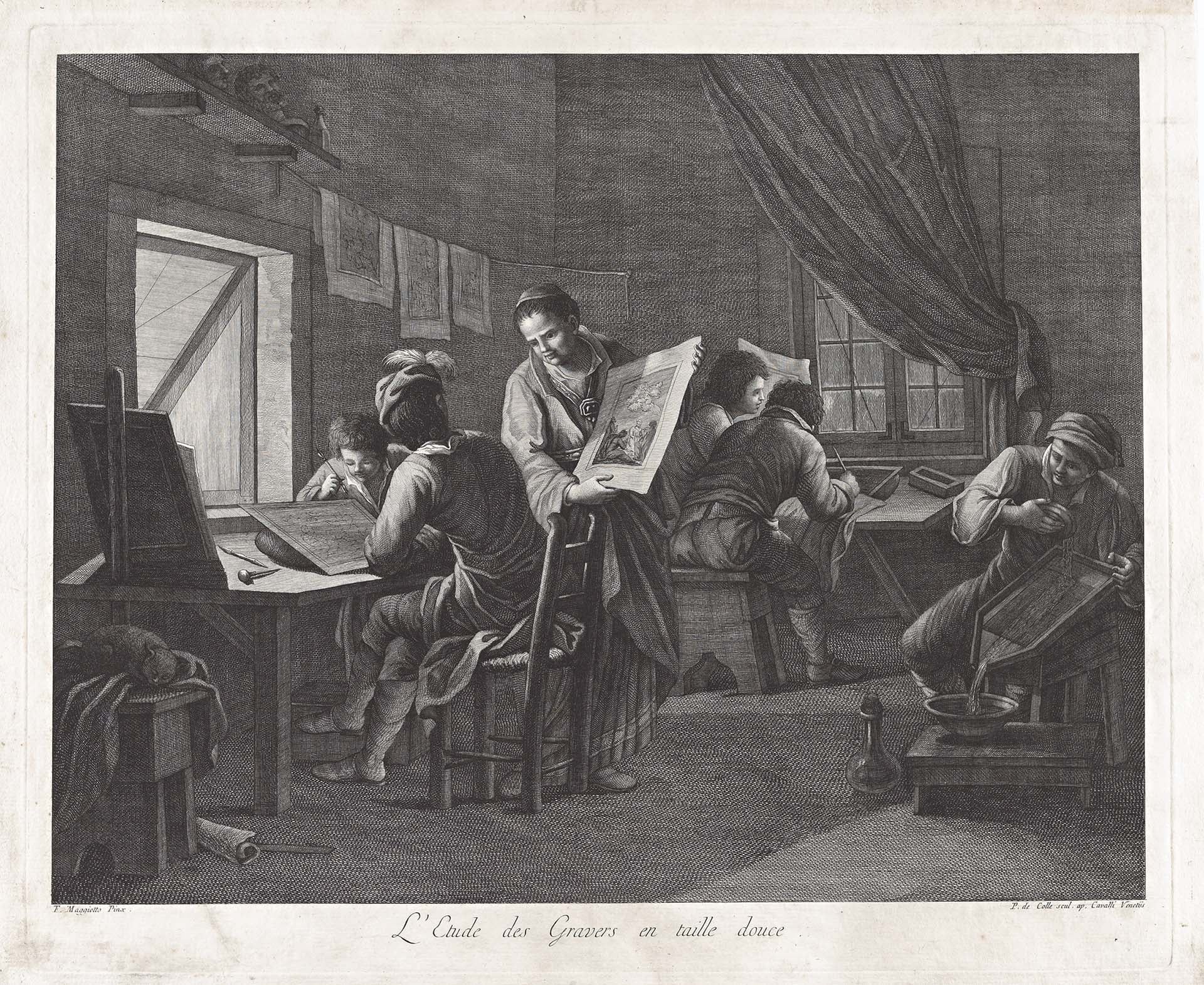 署名揚.范.索默(Jan van Somer),《版畫販售者》(Prentverkoper,又名 Kermis kunst winckel),約1655至1700年。畫面中,一名版畫商正向攤位前的三名孩童之一兜售版畫;攤位與周圍牆面陳列著各…