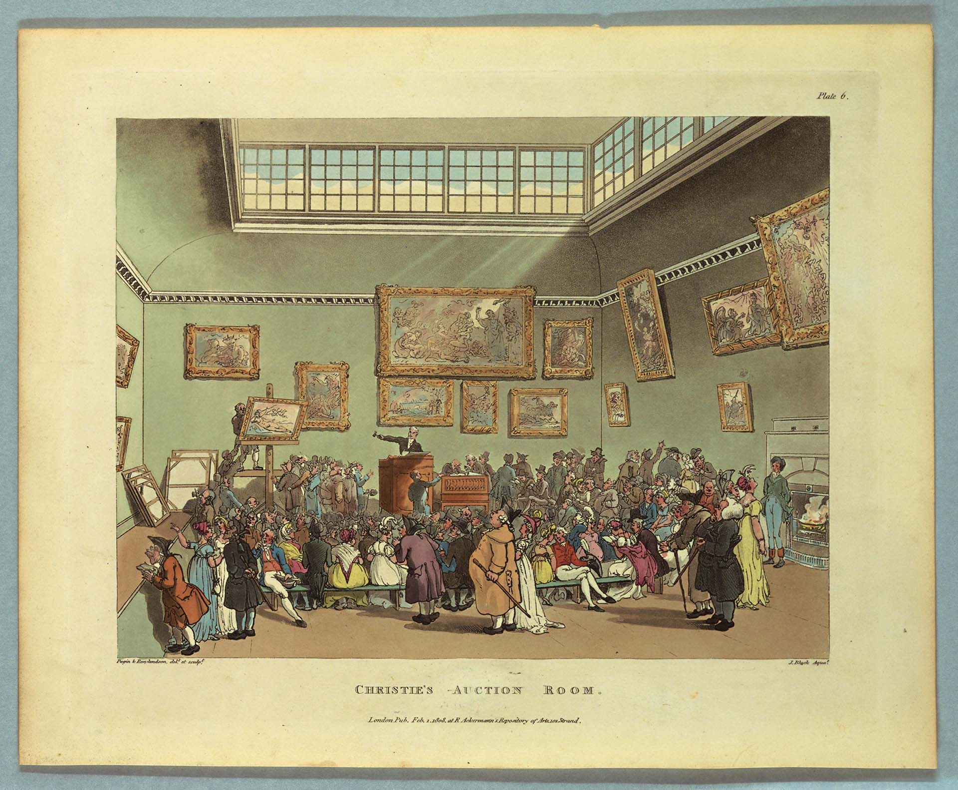 湯瑪斯.羅蘭森(Thomas Rowlandson)的《Christie’s Auction Room, Pall Mall》,約1808–1810年。作品描繪倫敦佳士得拍賣室內藝術品競價與交易的場景,呈現藝術作品進入二級市場後…