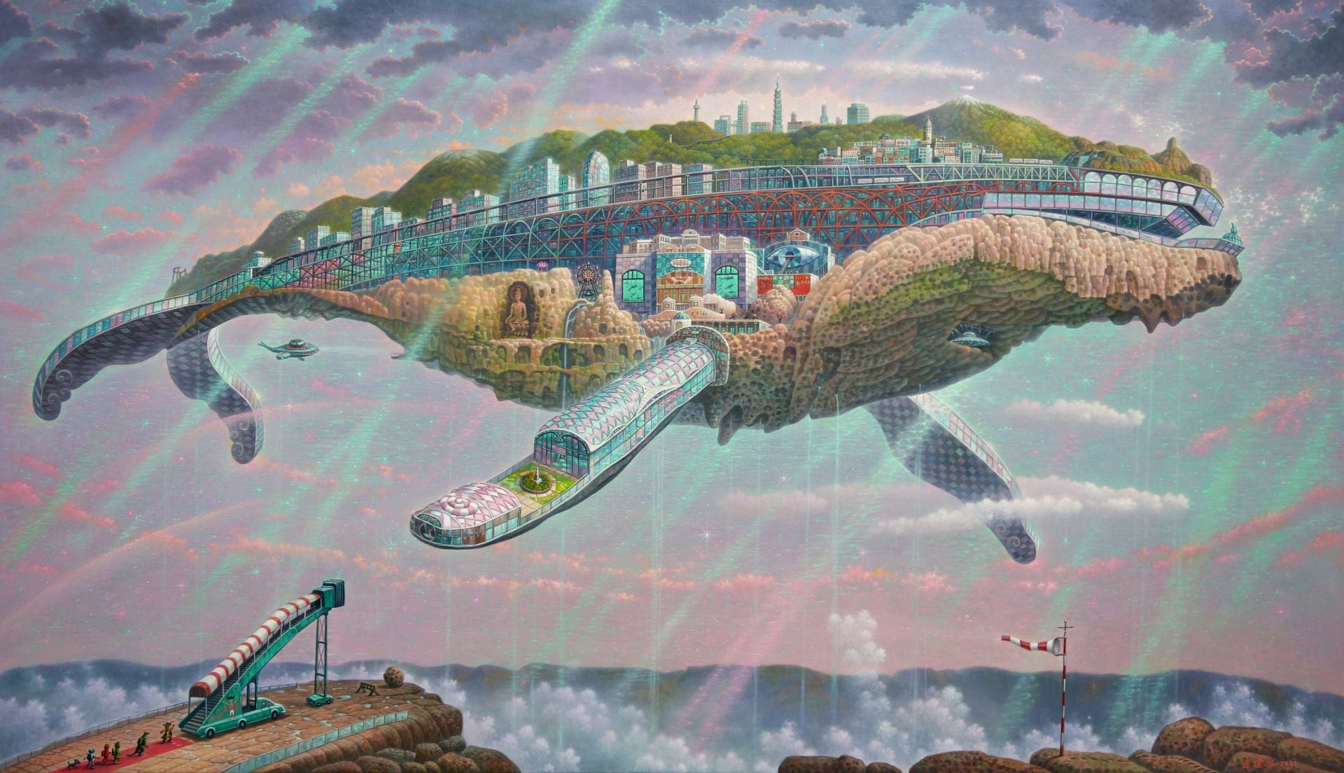 連建興，《鯨魚島泡泡行旅》，油畫，112×194 cm，2021。（宛儒畫廊提供）