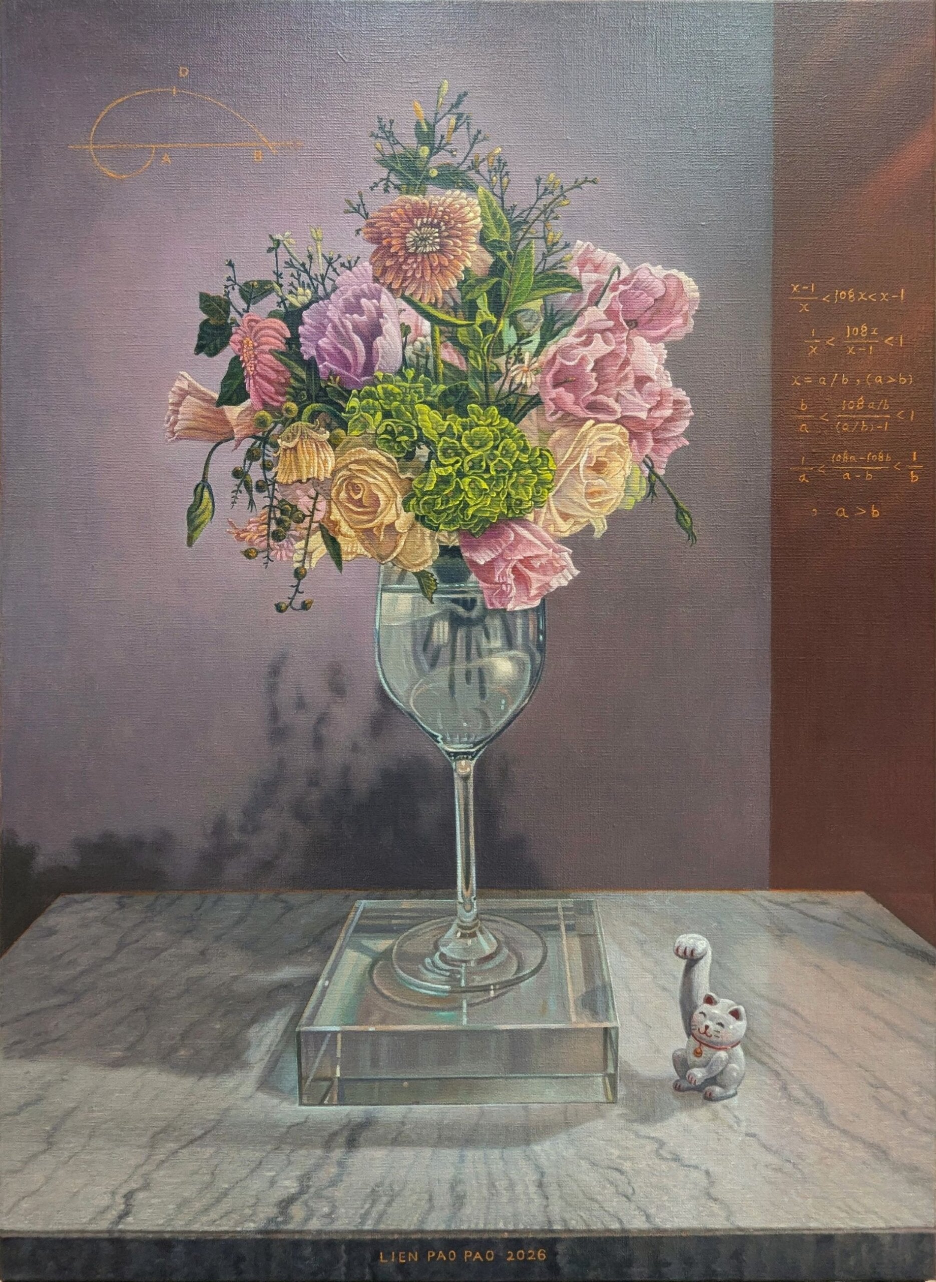 連建興，《招財貓戀花》，油畫，72×53 cm，2026。（宛儒畫廊提供）