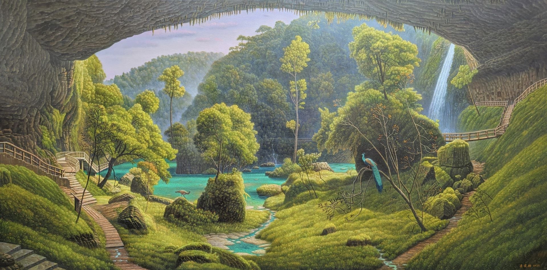連建興，《杉林溪幽境》，油畫，97×194 cm，2025。（宛儒畫廊提供）