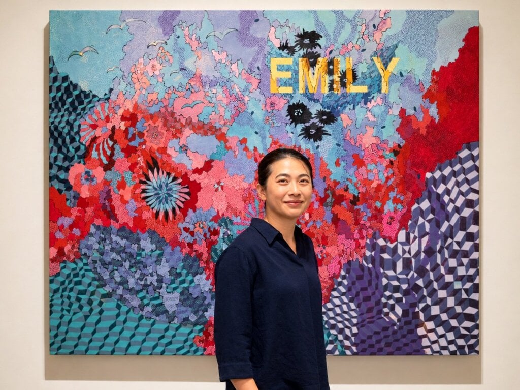 藝術家王玫玲與作品《可愛的》合影。壓克力顏料、批土/畫布，130×162 cm，2025。創作靈感來自與藝術家相當親近的小外甥女，以柔美粉嫩的色彩描繪熱情奔放的向日葵與海鷗，呈現少女天真爛漫、活潑而獨特的性格。（圖片由誠品畫廊提供）